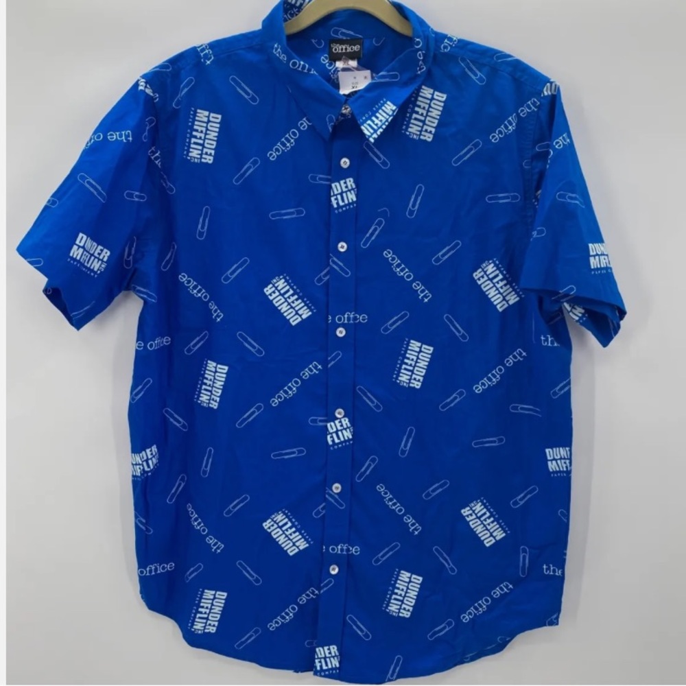 The Office Dunder Mifflin Blue Button Down Short Sleeve Novelty Shirt Si…
